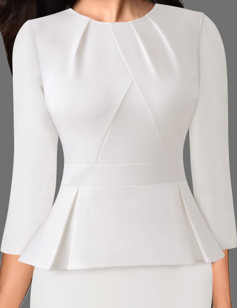 VFSHOW Womens Off-White Ivory Spring Fall Pleated Crew Neck Peplum Work Business Office Bodycon Pencil Sheath Dress 3587 WHT 3XL - Image 5
